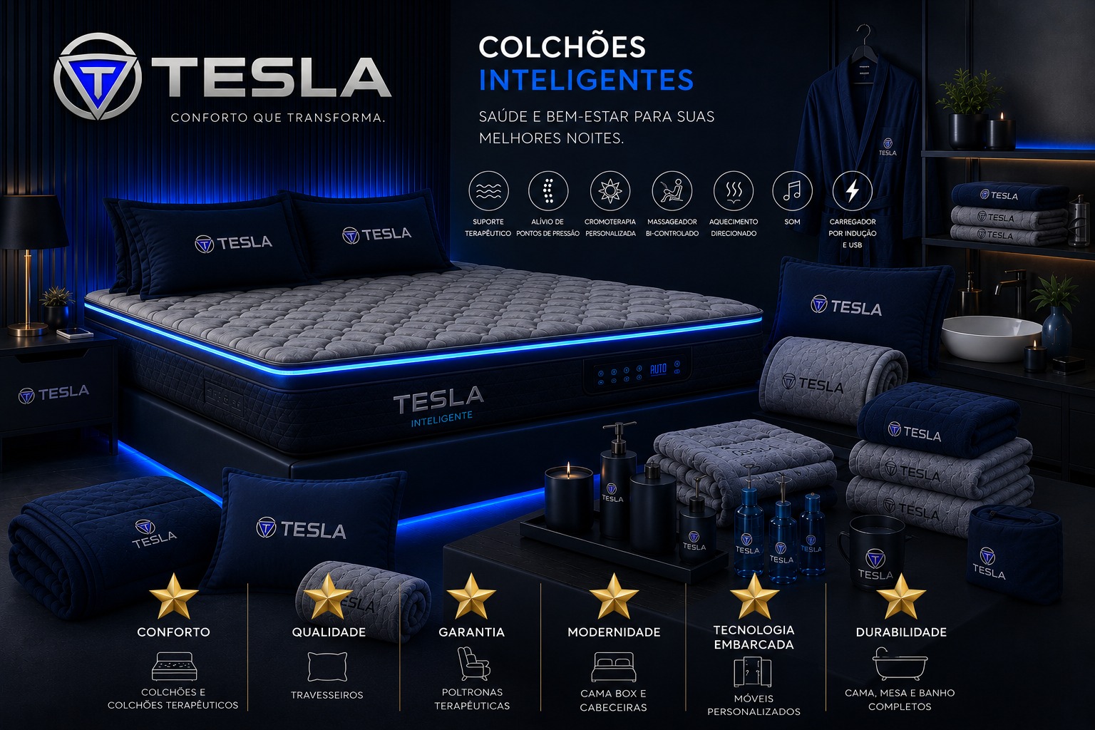 Tesla Colchões — Conforto que transforma. Colchões sofisticados, cama, mesa e banho. Atendimento 0300-100-1000.